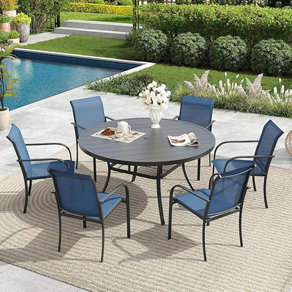 Patio Dining Table for 6-8, Round Metal Outdoor Table with 1.57" Umbrella Hole, 50" Outdoor Slat Tabletop Dining Table for Backyard, Porch, Lawn, Black