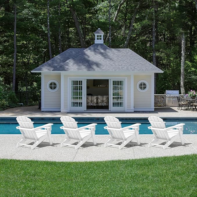 LOUNZY Folding Adirondack Chair Set of 4, HDPE All-Weather Folding Adirondack Chair with Cup Holders, Outdoor Patio Adirondack Chair for Deck Lawn Fire Pit, White
