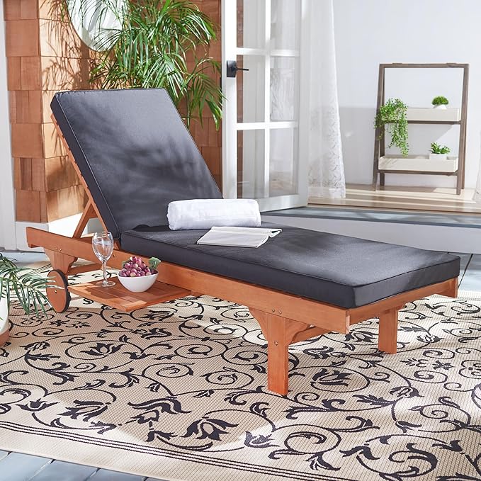 SAFAVIEH Outdoor Collection Newport Natural/ Black Cushion Built-in Side Table Adjustable Chaise Lounge Chair - Photo 2