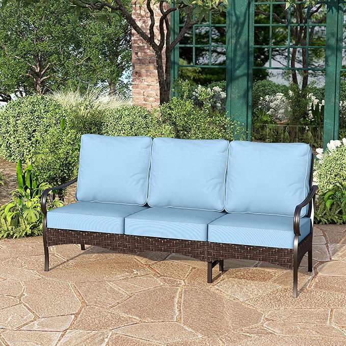 PHI VILLA Wicker & Metal Outdoor Patio Couch, 3-Seat Patio Sofa with Deep Seating for Front Porch, Deck, Balcony - Photo 1