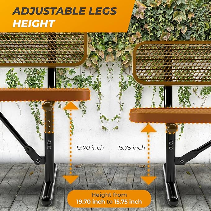 Heavy-Duty Outdoor Metal Bench, Thermoplastic-Coated, Portable, Weatherproof, Commercial-Grade for Parks, Gardens, Patios, Stores & More (8 Ft - Portable with Back, Brown)