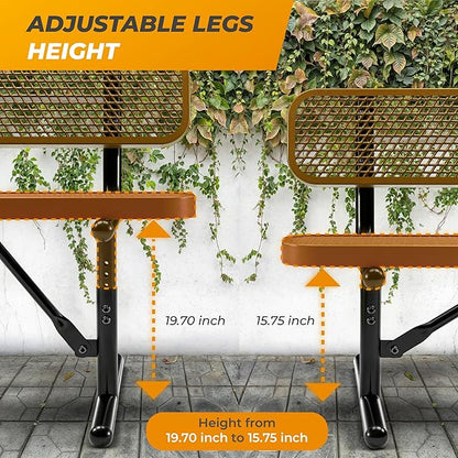 Heavy-Duty Outdoor Metal Bench, Thermoplastic-Coated, Portable, Weatherproof, Commercial-Grade for Parks, Gardens, Patios, Stores & More (8 Ft - Portable with Back, Brown)