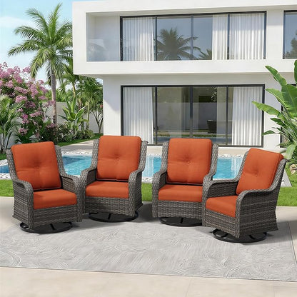 4 Piece Outdoor Swivel Rocker Patio Chairs Set, Patio Chairs Set of 4 with Thickened Olefin Cushions, High Back and Deep Seating, Hand-Woven PE Rattan for Porch, Deck, Orange