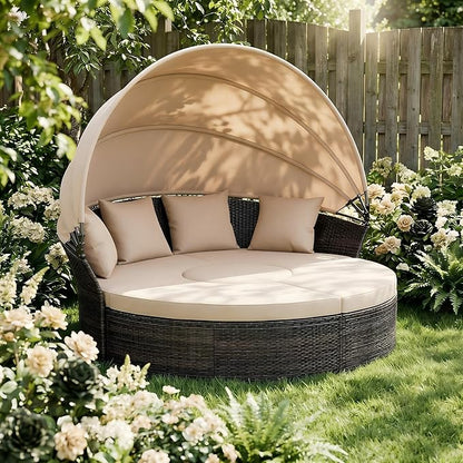 Crownland Outdoor Daybed with Retractable Canopy, Patio Round Daybed with Washable Cushions, Clamshell Sectional Seating, Wicker Furniture for Backyard, Patio, Garden, Pool (Light Brown)