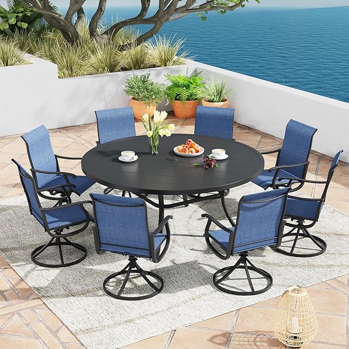 Patio Dining Table for 8-10, Round Metal Outdoor Table with 1.57" Umbrella Hole, 60" Outdoor Slat Tabletop Dining Table for Backyard, Porch, Lawn, Black