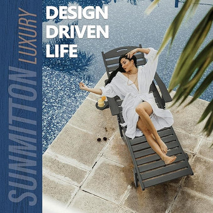 Patio Chaise Lounge Chair, HDPE Outdoor Lounge Chairs with 5-Position Adjustable Backrest, Cup Holder and Wheels, 450lbs Capacity for Poolside Deck Backyard, All Weather Material(Gray)
