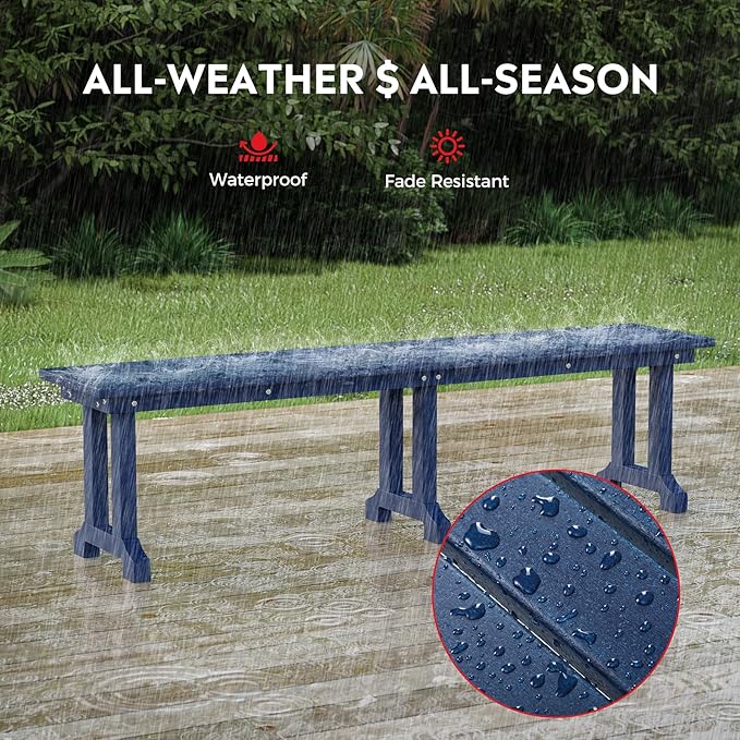 Costaelm Outdoor Benches Weatherproof, Park Long Bench Poly Lumber Backless for Entryway Front Porch Garden Bench Seat for Patio, Navy Blue
