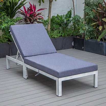 LeisureMod Modern Weathered Grey Aluminum Chaise Lounge Chair – Outdoor Patio Lounge with Cushions, Blue
