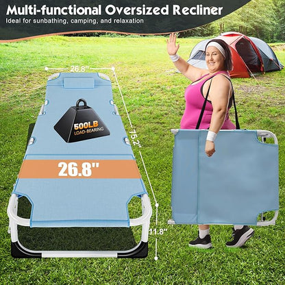 MOPHOTO Oversized Beach Lounge Chair, 5-Position Adjustable Tanning Chair with Face Hole, Heavy Duty Folding Chaise Lounge for Beach, Pool, Patio & Sunbathing