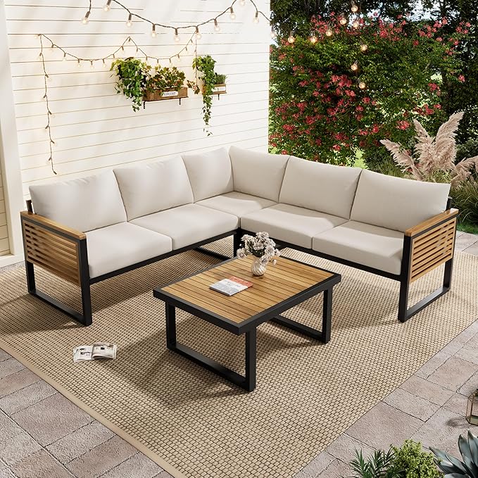 Industrial Acacia Wood Outdoor Sectional Corner Sofa Set with Cushions and Center Table - Patio Garden Balcony - Photo 1