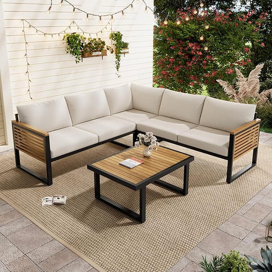 Industrial Acacia Wood Outdoor Sectional Corner Sofa Set with Cushions and Center Table - Patio Garden Balcony Furniture for Ultimate Comfort