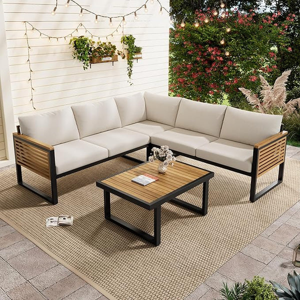Industrial Acacia Wood Outdoor Sectional Corner Sofa Set with Cushions and Center Table - Patio Garden Balcony - Photo 1