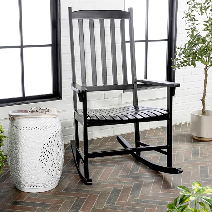 Eyely KCR300E Orvindar Farmhouse Classic Slat-Back 350-LBS Support Acacia Wood Outdoor Rocking Chair, Black