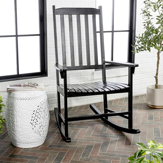 Eyely KCR300E Orvindar Farmhouse Classic Slat-Back 350-LBS Support Acacia Wood Outdoor Rocking Chair, Black