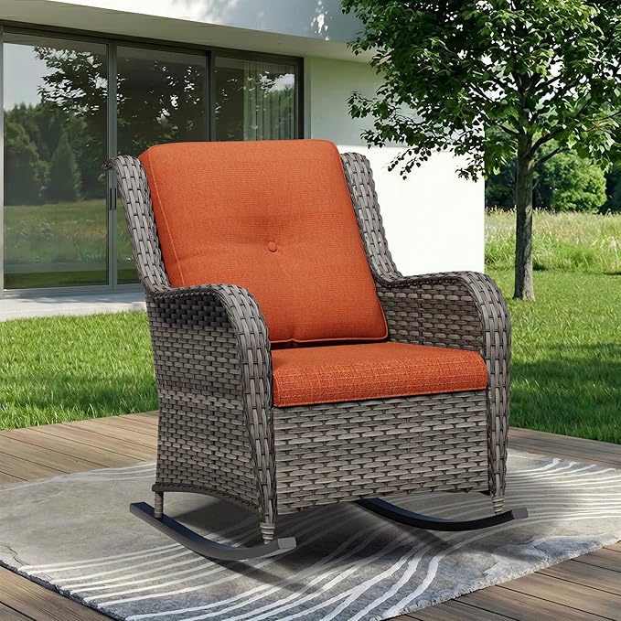 Outdoor Rocking Chair, Wicker Patio Chair with Thickened Olefin Cushions, High Back and Deep Seating - Photo 1