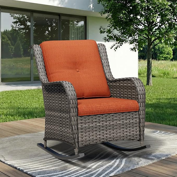 Outdoor Rocking Chair, Wicker Patio Chair with Thickened Olefin Cushions, High Back and Deep Seating - Photo 1