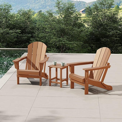 WestinTrends Malibu 3-Pieces Adirondack Chairs Set with Side Table, All Weather Outdoor Seating Plastic Patio Lawn Chair Folding for Outside Porch Deck Backyard, Teak