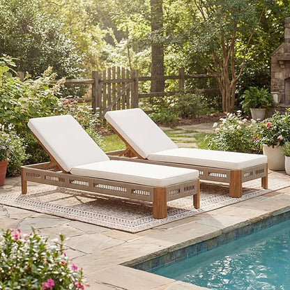 Christopher Knight Home Lamon Acacia Wood Chaise Lounge Chair Outdoor Set of 2 with Cushion, Wood Patio Chaise Lounge Set, Poolside Sun Lounger, Adjustable Backrest Sunbathing Chair, Natural+Beige