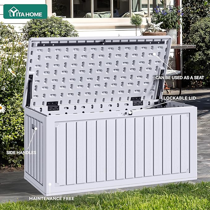 YITAHOME 90 Gallon Large Deck Box, Double-Wall Resin Outdoor Storage Boxes, Deck Storage for Patio Furniture, Cushions - Photo 2