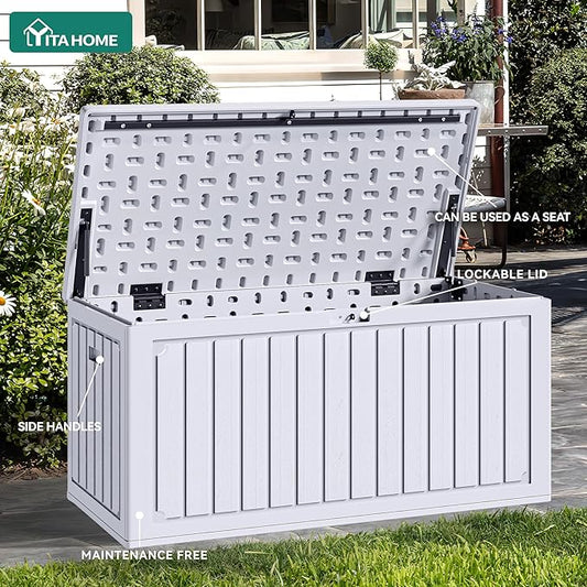 YITAHOME 90 Gallon Large Deck Box, Double-Wall Resin Outdoor Storage Boxes, Deck Storage for Patio Furniture, Cushions, Pool Float, Garden Tools, Lockable & Waterproof (White)