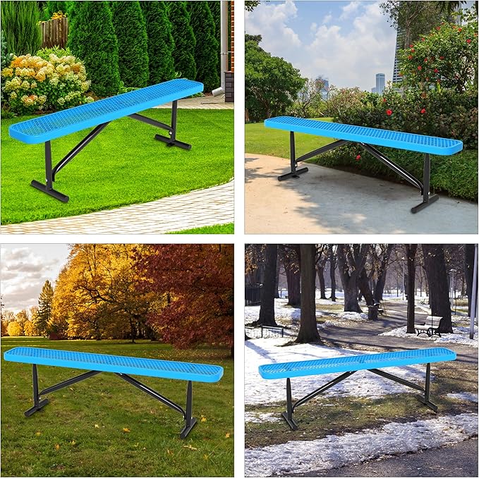 6 Feet Outdoor Benches, Blue Heavy Duty Metal Park Bench for Outside, Weatherproof Dock Bench, 72" L Commercial Benches Backless Bench for Shopping Mall, Store, Lawn, Park, Patio, Deck, Garden