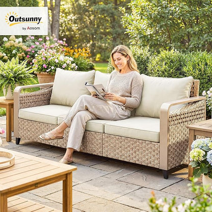Outsunny Outdoor Patio Couch with Wide and Deep Seat, 3 Seater Wicker Outdoor Sofa with Wide Metal Armrests, Patio Furniture Couch with Cushions for Porch, Garden, Backyard, Beige | Removable Covers