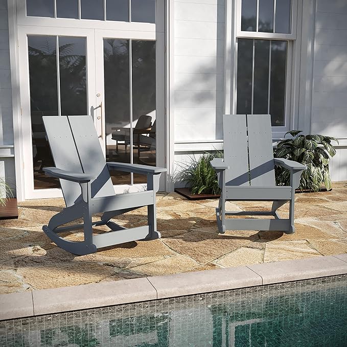 Taylor & Logan Finn Modern All-Weather 2-Slat Poly Resin Rocking Adirondack Chair with Rust Resistant Stainless Steel Hardware in Gray - Set of2