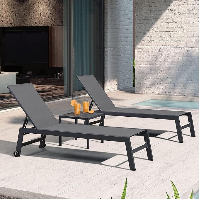 PURPLE LEAF Patio Chaise Lounge Set 4 Pieces Aluminum Outdoor Lounge Chairs with Wheels, Textilene Sunbathing Recliner, Grey