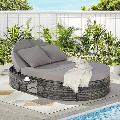 JOSHEN 78" Outdoor Chaise Lounge Chair,Patio Round Daybed,Reclining Wicker Rattan Sun Bed with Adjustable Backrests and Foldable Cup Trays for Backyard,Poolside,Light Gray