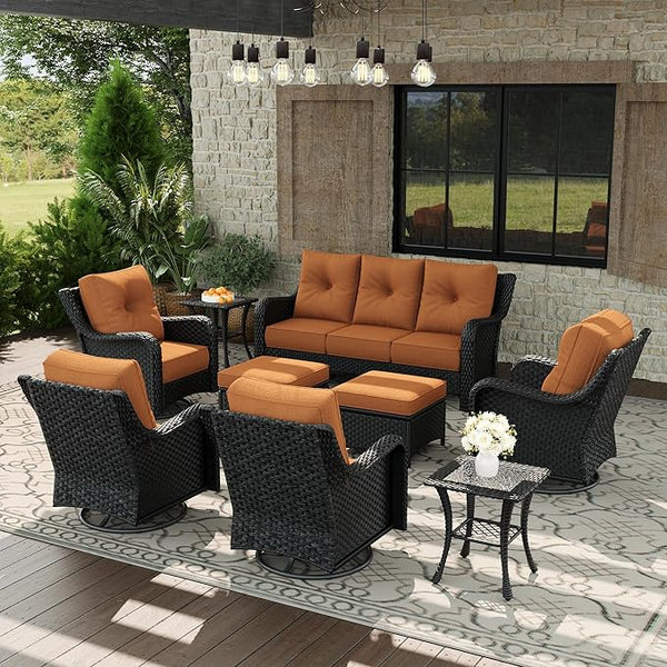 9 Piece Patio Furniture Set, All-Weather Wicker Outdoor Conversation Set with Swivel Rocking Chair and 6 Inch Thick - Photo 1