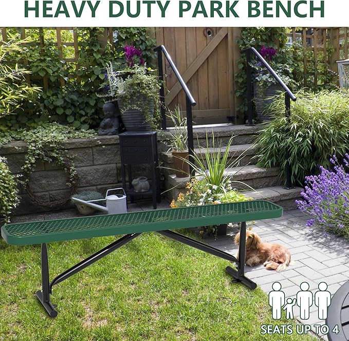 6 Feet Outdoor Benches, Green Heavy Duty Metal Park Bench for Outside, Weatherproof Dock Bench, 72" L Commercial Benches Backless Bench for Shopping Mall, Store, Lawn, Park, Patio, Deck, Garden
