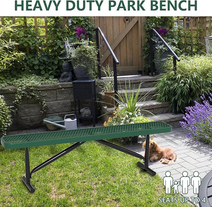 6ft Outdoor Metal Park Bench, 72" L Green Backless Bench Weatherproof Porch Furniture Patio Seating, Commercial Heavy Duty Bench for Outside, Lawn, Backyard, Park, Deck, Garden, Patio, School