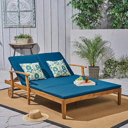 Outdoor Double Chaise Lounge Chairs, All Weather Acacia Wood Frame Patio Reclining Daybed Sunbed with Cushions and Adjustable Backrest for 2 People