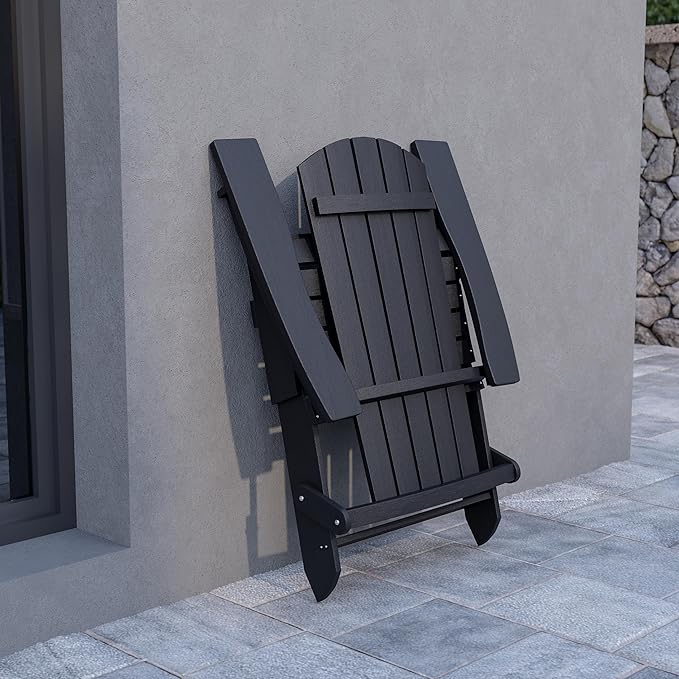 Flash Furniture Charlestown Folding Adirondack Chair - Black - Poly Resin - Indoor/Outdoor - Weather Resistant - Set of 2