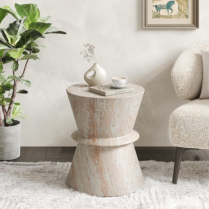 Christopher Knight Home Jaym 18.00" H Indoor Outdoor Accent Side Table, Patio Decorative End Table, Hourglass-Shaped Lightweight Concrete Garden Stool for Patio Balcony & Garden Decor, Travertine