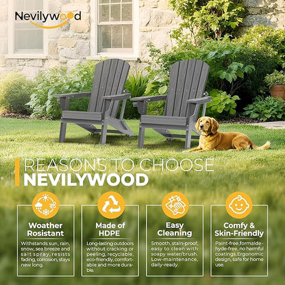 nevilywood HDPE Foldable Fire Pit Chairs Set of 2 with Cup Holders, Durable Faux Wood Look, Perfect for Patio, Backyard & Outdoor Gatherings, Grey