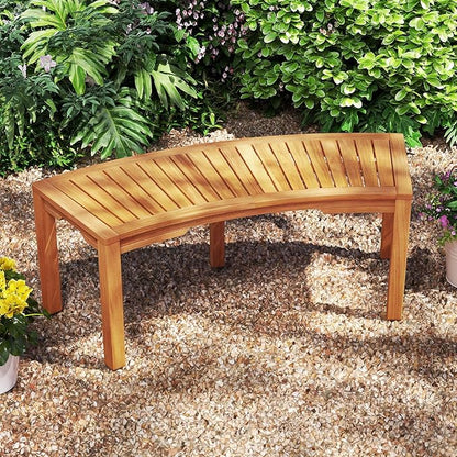 RELAX4LIFE Wooden Outdoor Curved Bench - Acacia Wood Garden Bench w/Slatted Seat, 2-Person Outside Backless Seating for Porch Backyard Deck Park, 800 LBS Load Capacity, Patio Fire Pit Bench (1, 45'')