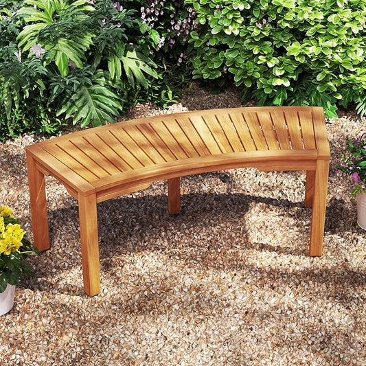 Tangkula Outdoor Curved Bench, Acacia Wood Fire Pit Bench w/Slatted Seat, Patio Backless 2-Person Seating for Porch, Yard, Garden, 800 LBS Max Load, Oil Painted (1, 45")