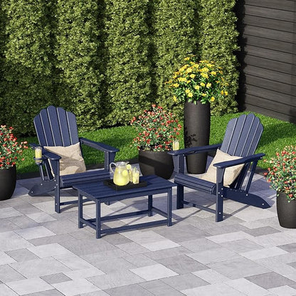 Costaelm Lakeview 3-Piece Adirondack Chairs with Cup Holders and Coffee Table Set, Navy Blue
