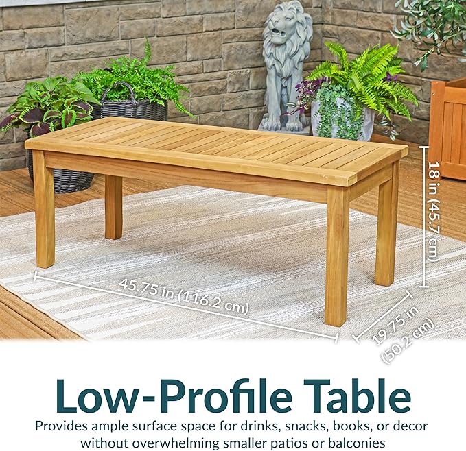 Sunnydaze 45-Inch Solid Teak Rectangular Outdoor Coffee Table - Patio Coffee Table for Outside - Light Brown Wood Stain Finish