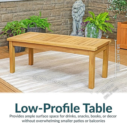 Sunnydaze 45-Inch Solid Teak Rectangular Outdoor Coffee Table - Patio Coffee Table for Outside - Light Brown Wood Stain Finish