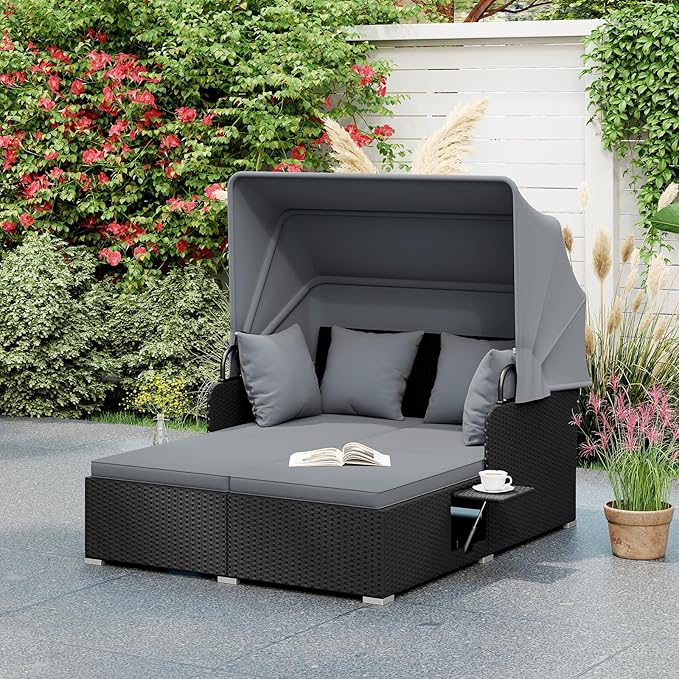 ORALNER Outdoor Daybed, 2-Person Wicker Patio Sofa with Retractable Canopy, Cushions & Pillows, 2 Side Trays - Photo 8