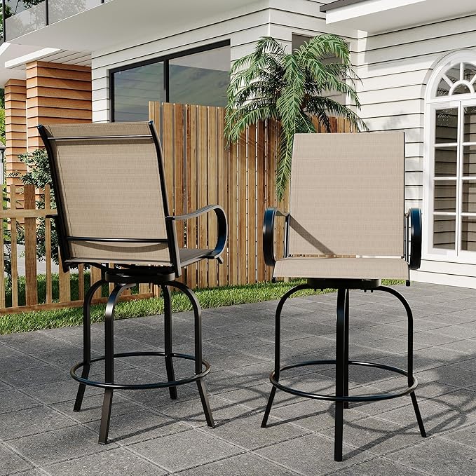 Swivel Bar Stools 2-Piece Set, Outdoor Patio Bar Height Chairs with Rust-Resistant Metal Frame & All-Weather Textile, Taupe High Top Stools for Garden, Balcony, Backyard(Brown)