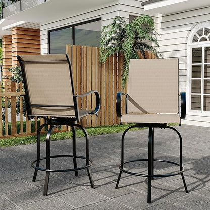 Swivel Bar Stools 2-Piece Set, Outdoor Patio Bar Height Chairs with Rust-Resistant Metal Frame & All-Weather Textile, Taupe High Top Stools for Garden, Balcony, Backyard(Brown)