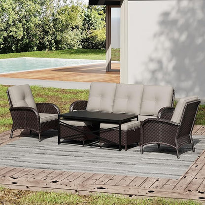 Joyside Wicker Patio Furniture Set, 6 Piece Outdoor Furniture Set with Thickened Cushions, High Back, Deep Seating, Wide Armrest, Rattan Outdoor Chairs for Porch, Deck