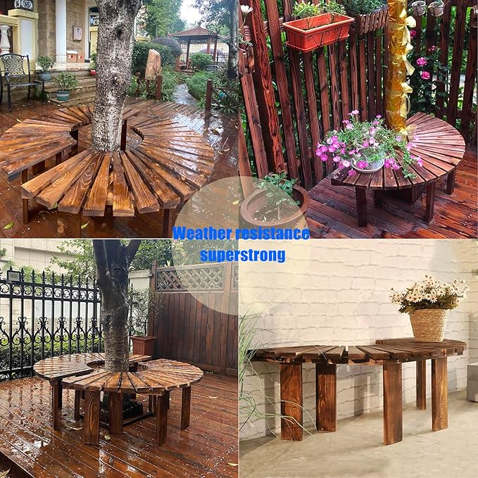 Wooden Garden Curved Bench, Half Round Outdoor Tree Bench, Wrap Around Park Backless Bench Outdoor Furniture, Garden Stool Patios Lawn Tree Chair Solid Wood Slatted Seat (Round)