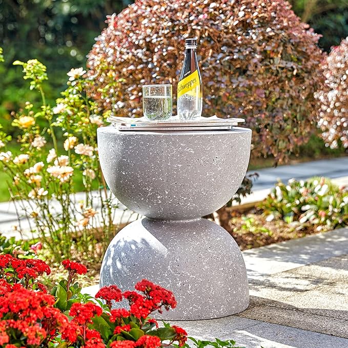 Glitzhome Outdoor Side Table, Round Accent End Table, Lightweight Hourglass Faux Terrazzo Decorative Garden Stool, 17.75" H Gray Planter Stand for Patio Porch Balcony Living Room