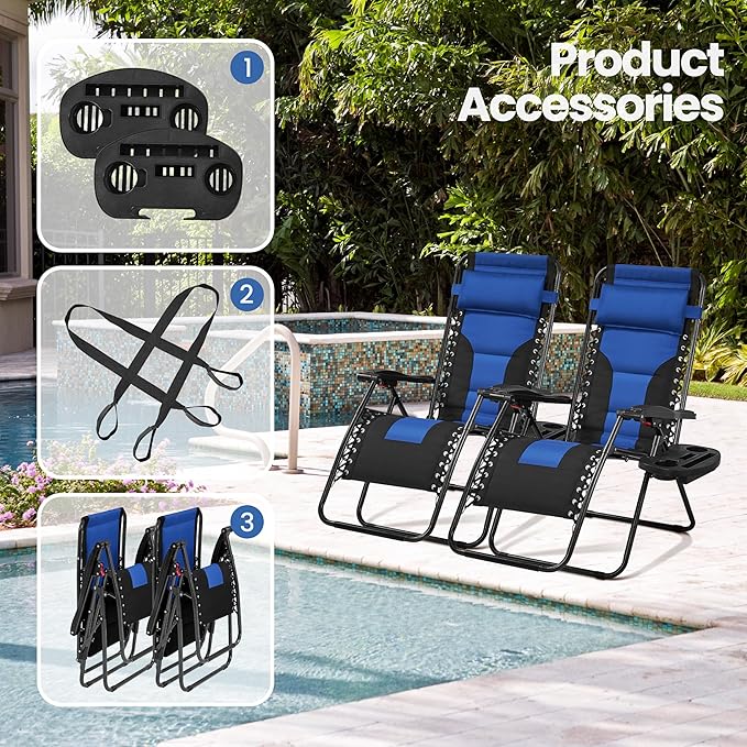 Yaheetech Padded Zero Gravity Recliner, Foldable Outdoor Patio Chairs, Adjustable Anti Gravity Lounger for Backyard Camping w/Carry Strap, Cup Holder, Pillow Navy Blue/Black Set of 2