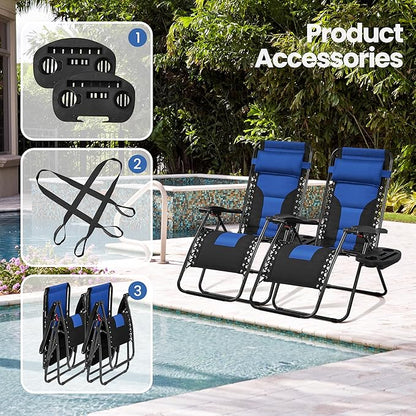 Yaheetech Padded Zero Gravity Recliner, Foldable Outdoor Patio Chairs, Adjustable Anti Gravity Lounger for Backyard Camping w/Carry Strap, Cup Holder, Pillow Navy Blue/Black Set of 2