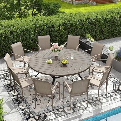 DIFY 63" Round Outdoor Patio Dining Table for 8-10, All-Weather Metal Steel Slatted Patio Table with 1.57" Adjustable Umbrella Hole for Garden, Backyard, Deck, Grey Wood-Like